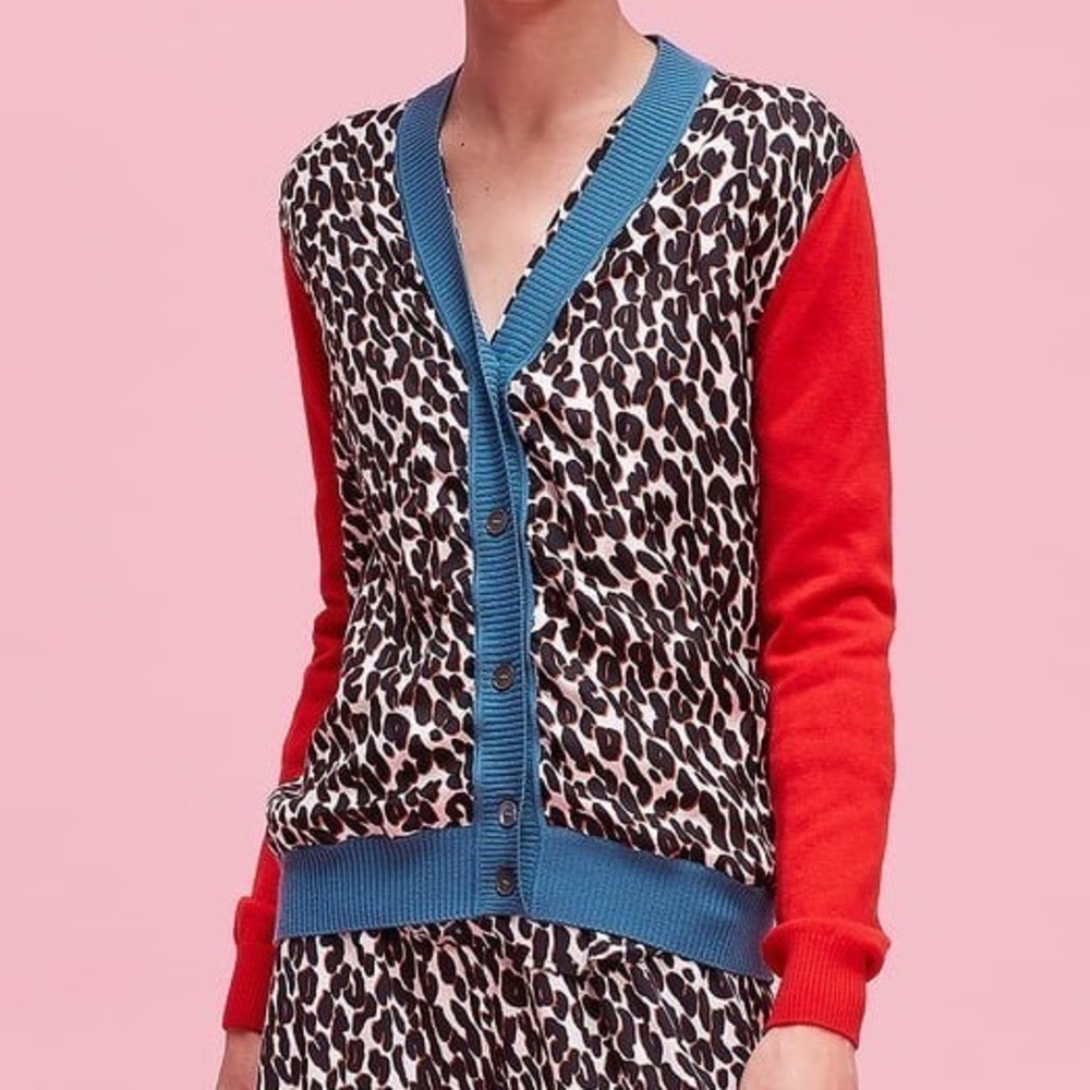 La DoubleJ Gemini‎ Cardigan Edition 18 Leopard Print Wool Silk Red Blue Sz Small